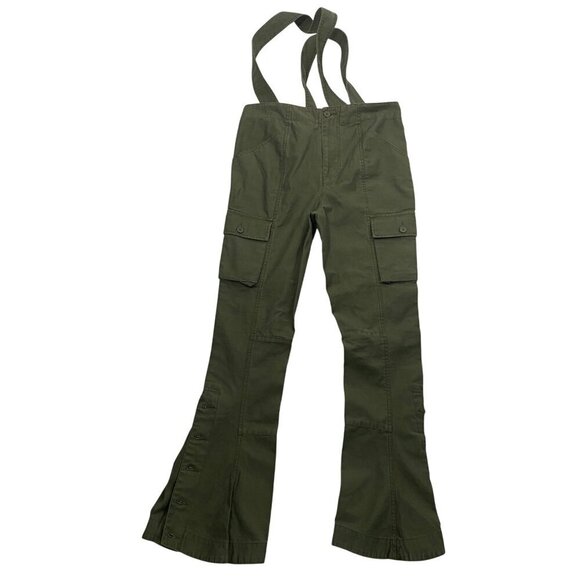 American Retro army pant cargo flare bib overalls olive green canvas women’s 38 - Picture 1 of 12